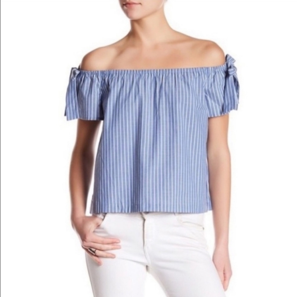 Lush Blue stripe Off the Shoulder Top w/bow tie, sz L